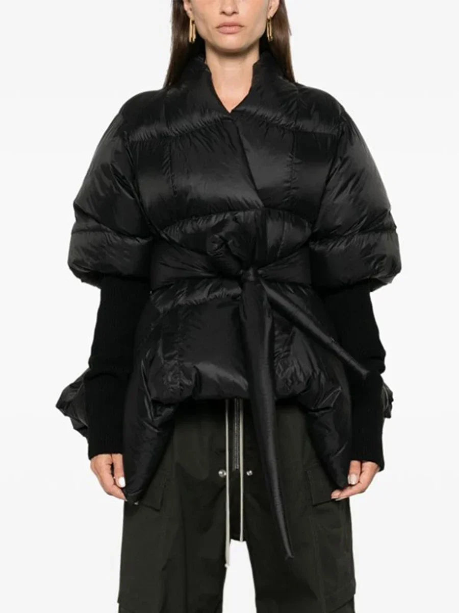 Solid Temperament Spliced Lace Up Coat for Women V Neck Long Sleeves Tunic Warm Cotton Coats Female Clothing New BLACK