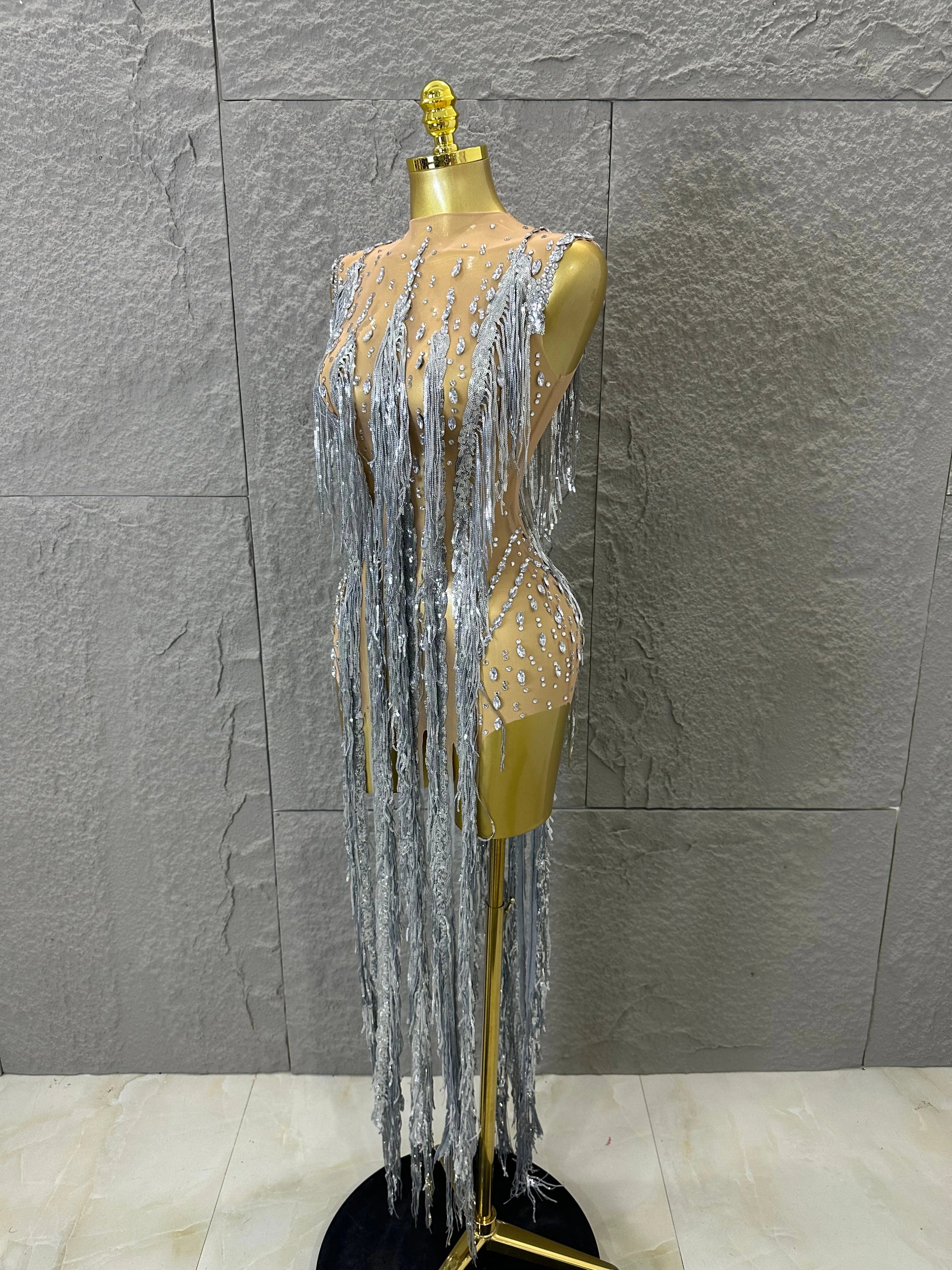 Luxury See Through Mesh Silver Rhinestone Long Tassel Dress Sleeveless Fitted Bodycon Formal Evening Wedding Guest Cocktail Gown