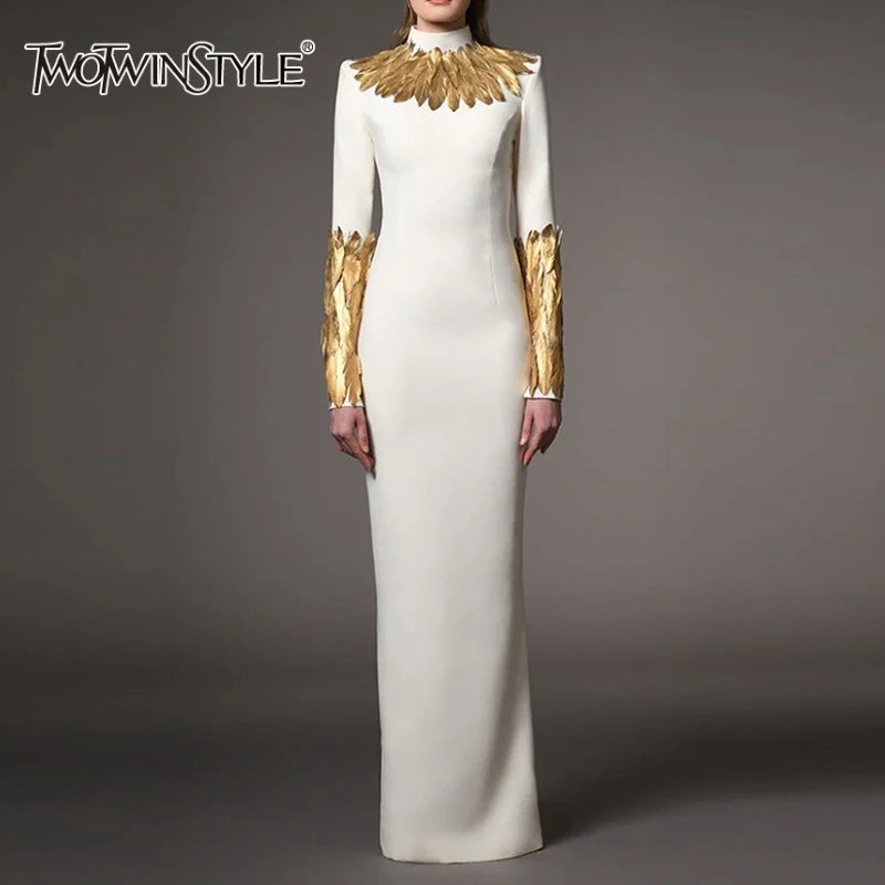 Hit Color Slimming Spliced Glod Feathers Dresses for Women High Neck Long Sleeves Temperament Dress Female Fashion