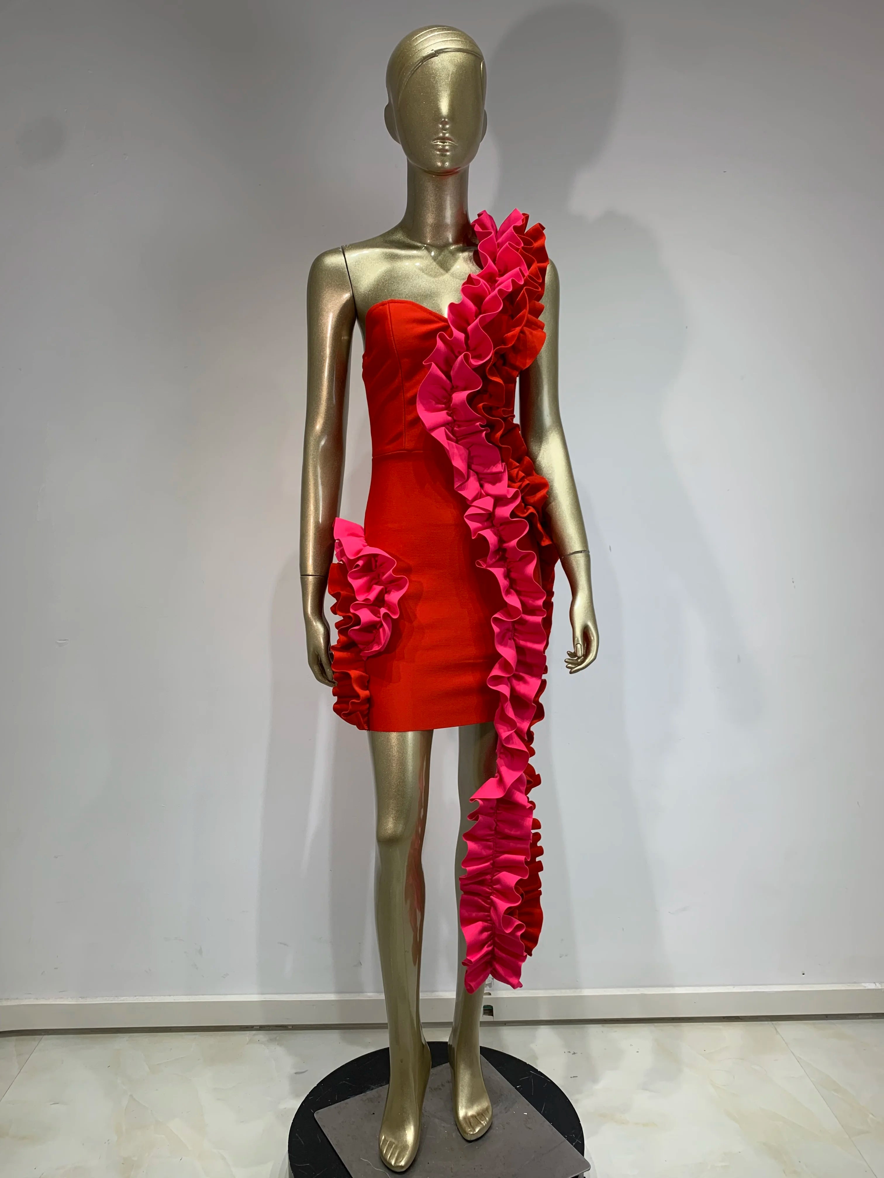 Women Summer Bandage Dress 2024 Women Celebrity Sexy One Shoulder Ruffles Red Bodycon Elegant Evening Club Party Dress