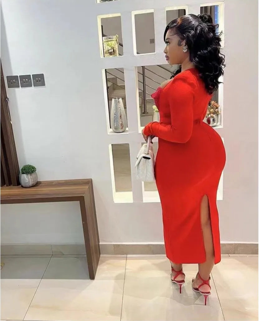 Black Red Color Women Long Sleeve Sexy Square Collar Rhinestones Bodycon Bandage Long Dress Nightclub Party Celebrate Dress