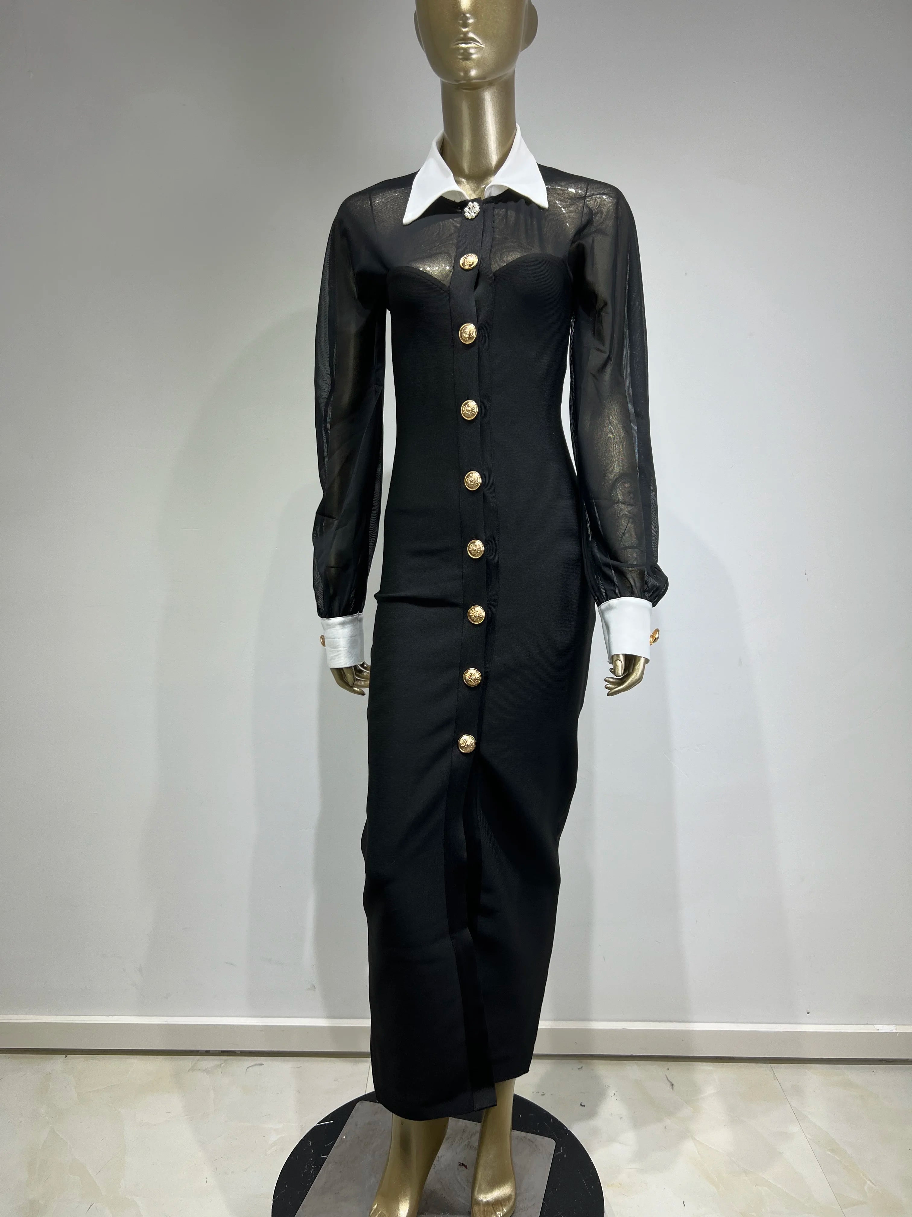 2024 New Spring Women Long Sleeve Mesh Button Bodycon Long Bandage Dress Fashion Runway Celebrate Evening Party Dress