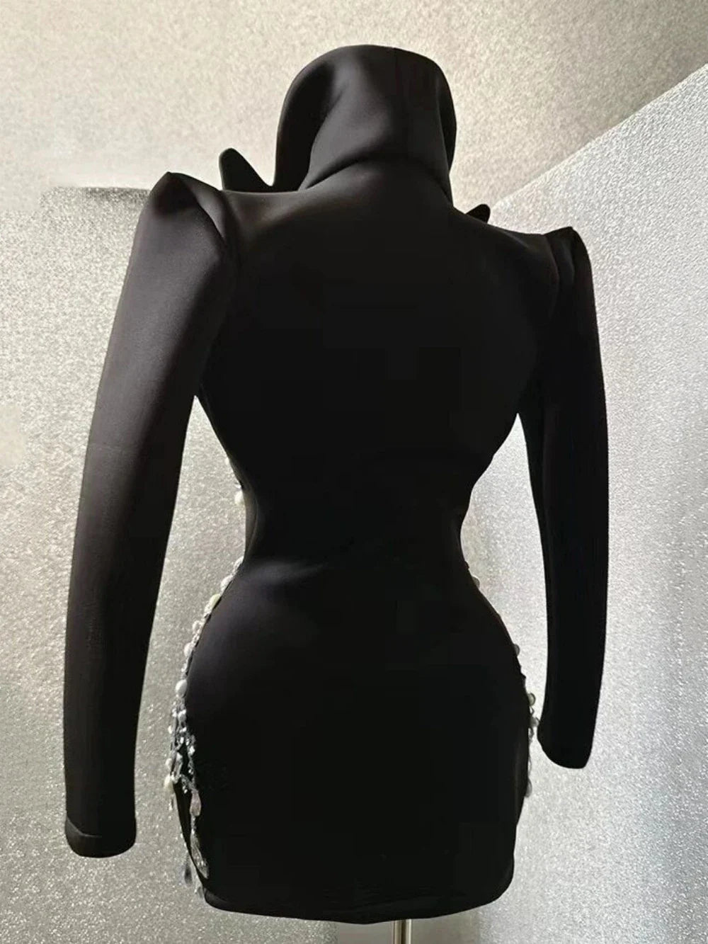 Sparkly Crystal Pearls Mini Dress Black Color Fashion Suit Collar Birthday Evening Party Nightclub Dress Singer Dress