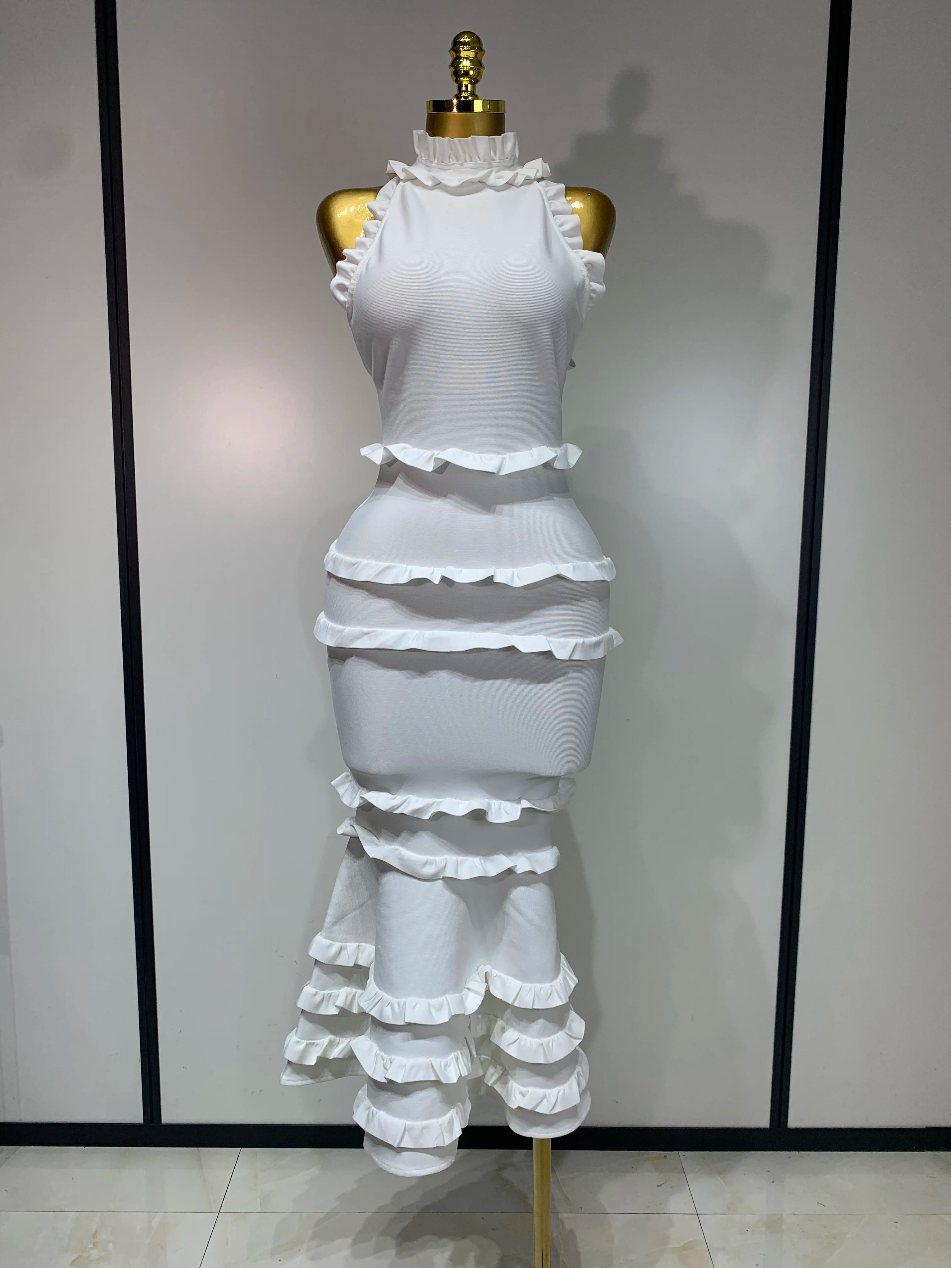 2025 New High quality White Elagant Retro Ruched High Collar Bodycon Bandage Dress Evening Party Fashion Simple Birthday Gown WHITE