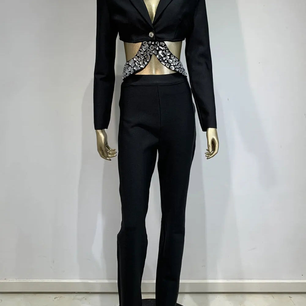 2024 Women Bandage Long Pants Set With Lapel Long Sleeved Nail Bead Design Backless Sexy Ultra Short Jacket+Pants Two-Piece Set black