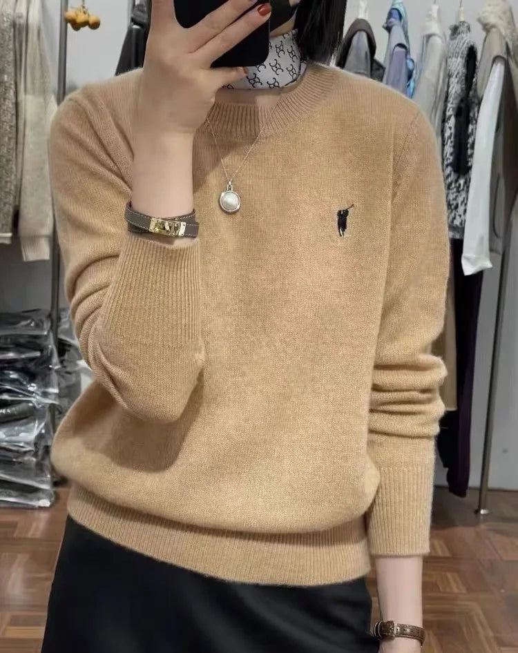 Women's Fashion Spring and Autumn Cashmere Embroidered Pullover O-neck New Soft and Comfortable Casual Long Sleeve Embroide camel