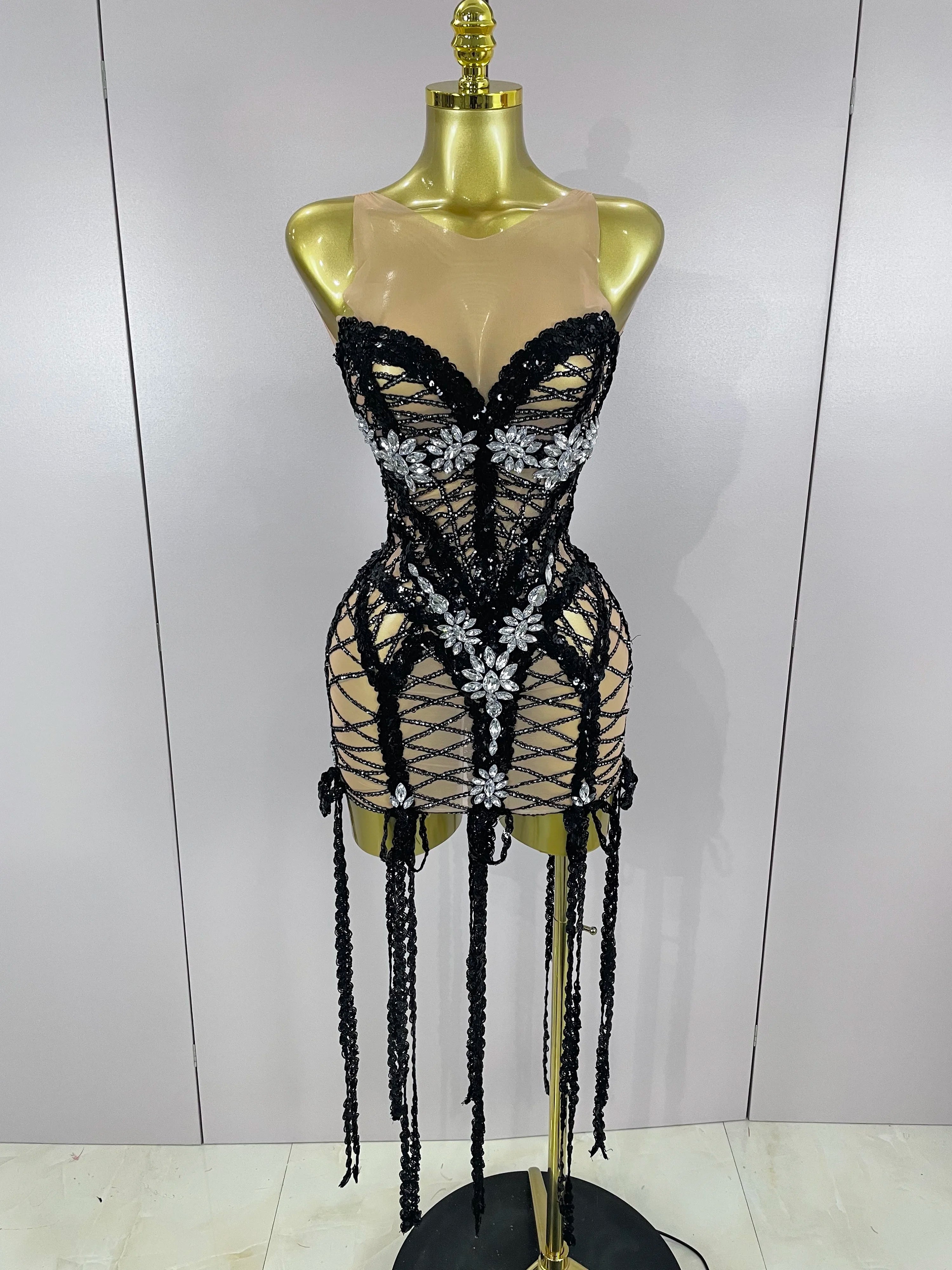 Sparkle Sequins Embroider Sparking Diamonds Long Tassel Sleeveless Mini Dress Women Red Carpet Goddess Stage Performance Costume black