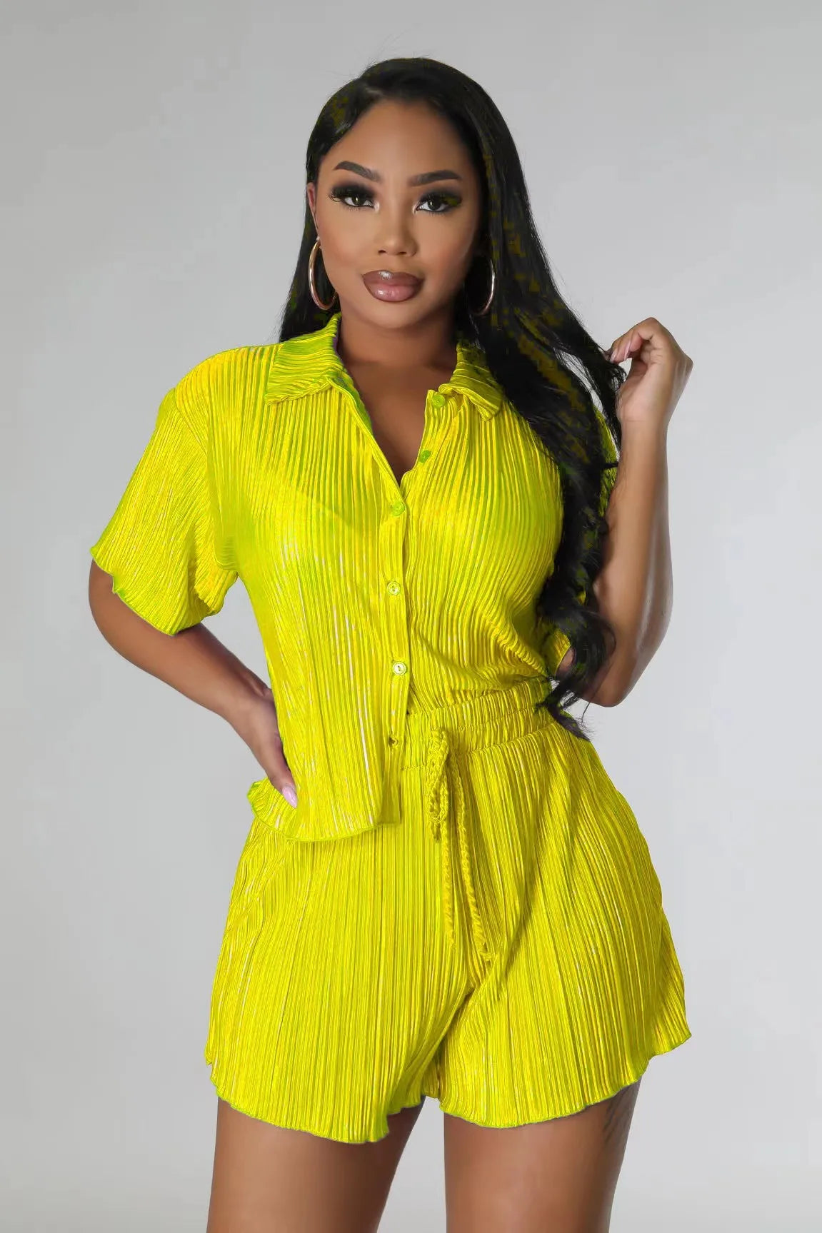 CM.YAYA Street Vintage Pleated Women's Set Short Sleeve Shirt Blouse and Shorts Suit 2023 INS Two 2 Piece Set Outfit Tracksuit Yellow