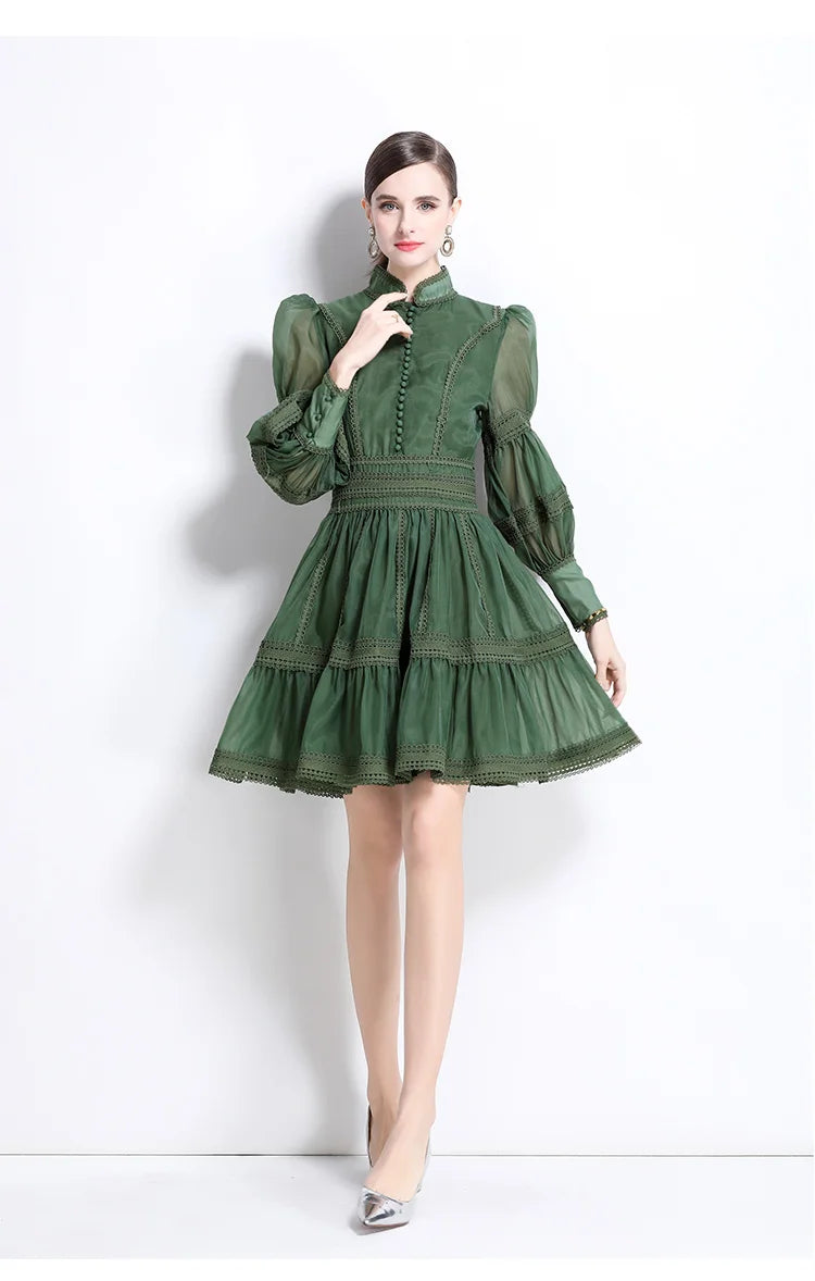 Autumn Elegant Hollow Out Embroidery Lace Splice Mini Dress Women's Stand Lantern Sleeve Buttons Evening Party Robe Vestidos dark green