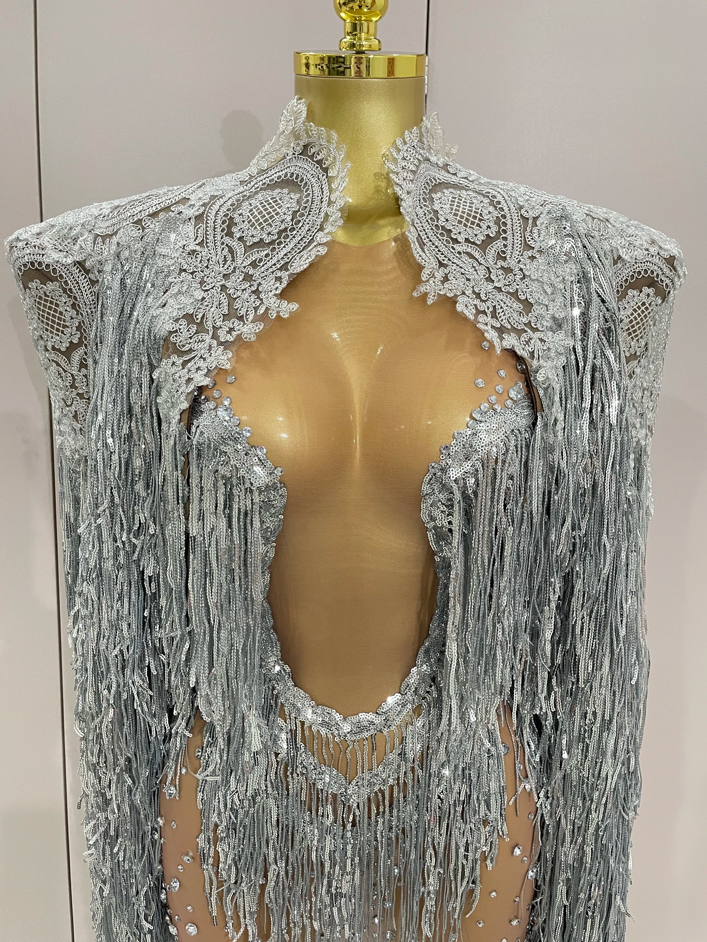 Luxury Sparkly Rhinestone Sequin Tassel Coat Skirt 2Pcs Women Birthday Party Nightclub Stage Performance Costume