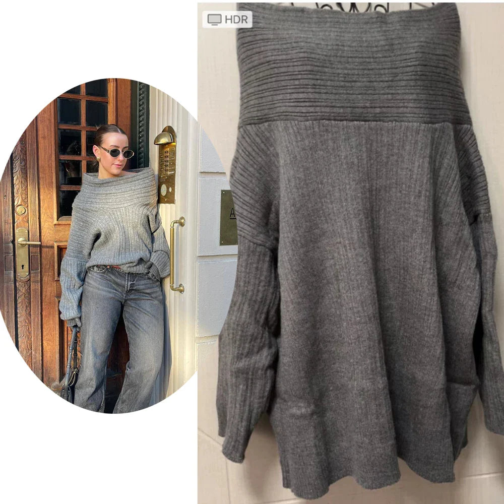 Autumn Oversized Sweater for Women Sexy Slash Neck Knit Pullovers Long Sleeve Women's Sweater Loose-fit Casual Knitwear 2024 Gray One Size