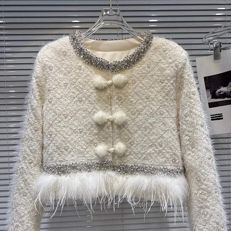 Winter New Fashion Heavy Embroidery Rhinestone Collar Ostrich Feather Cotton Coat For Women Short Jacket 11A07811