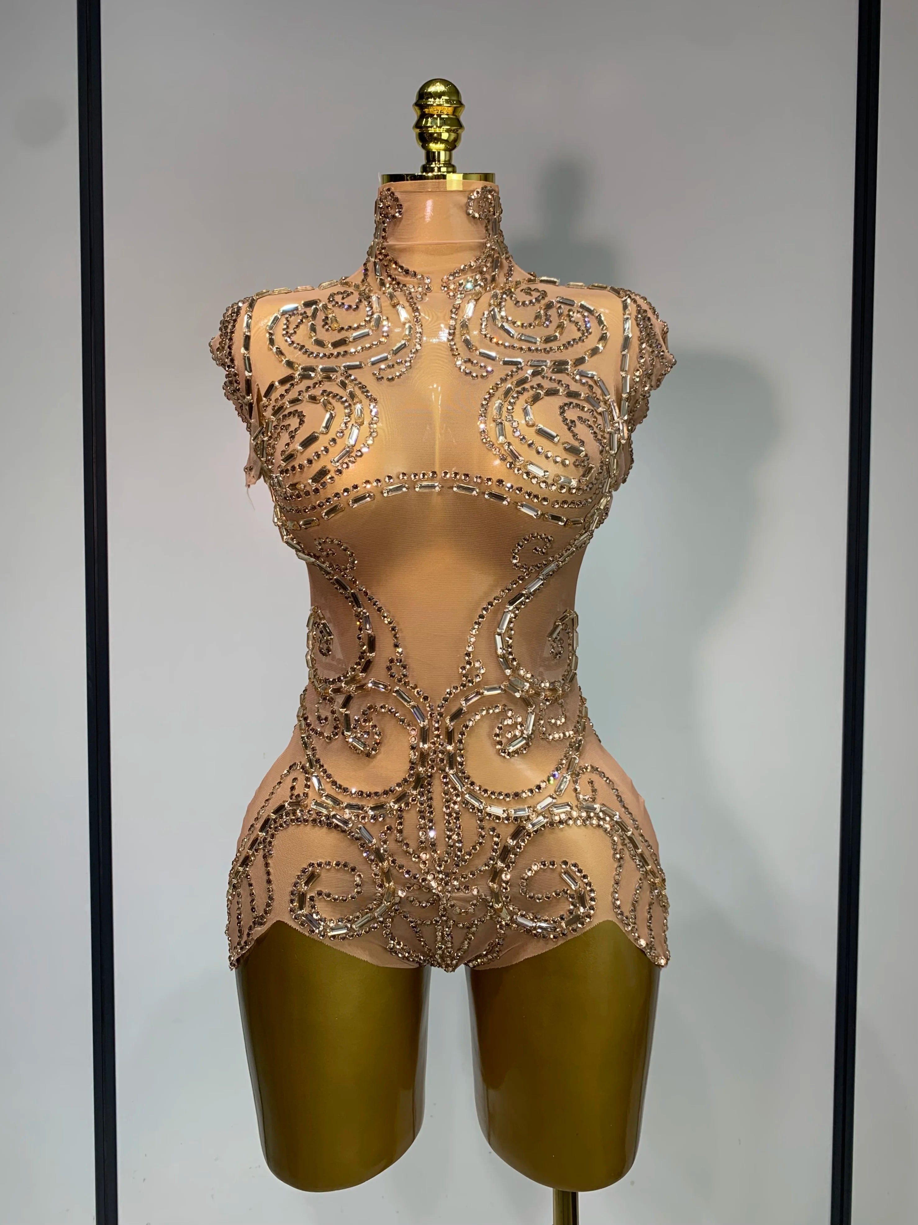 Shining Rhinestone Bodysuit Sexy Mesh See Through Dancer Birthday Evening Party Celebrate Performance Nightclub Stage Outfit Gold