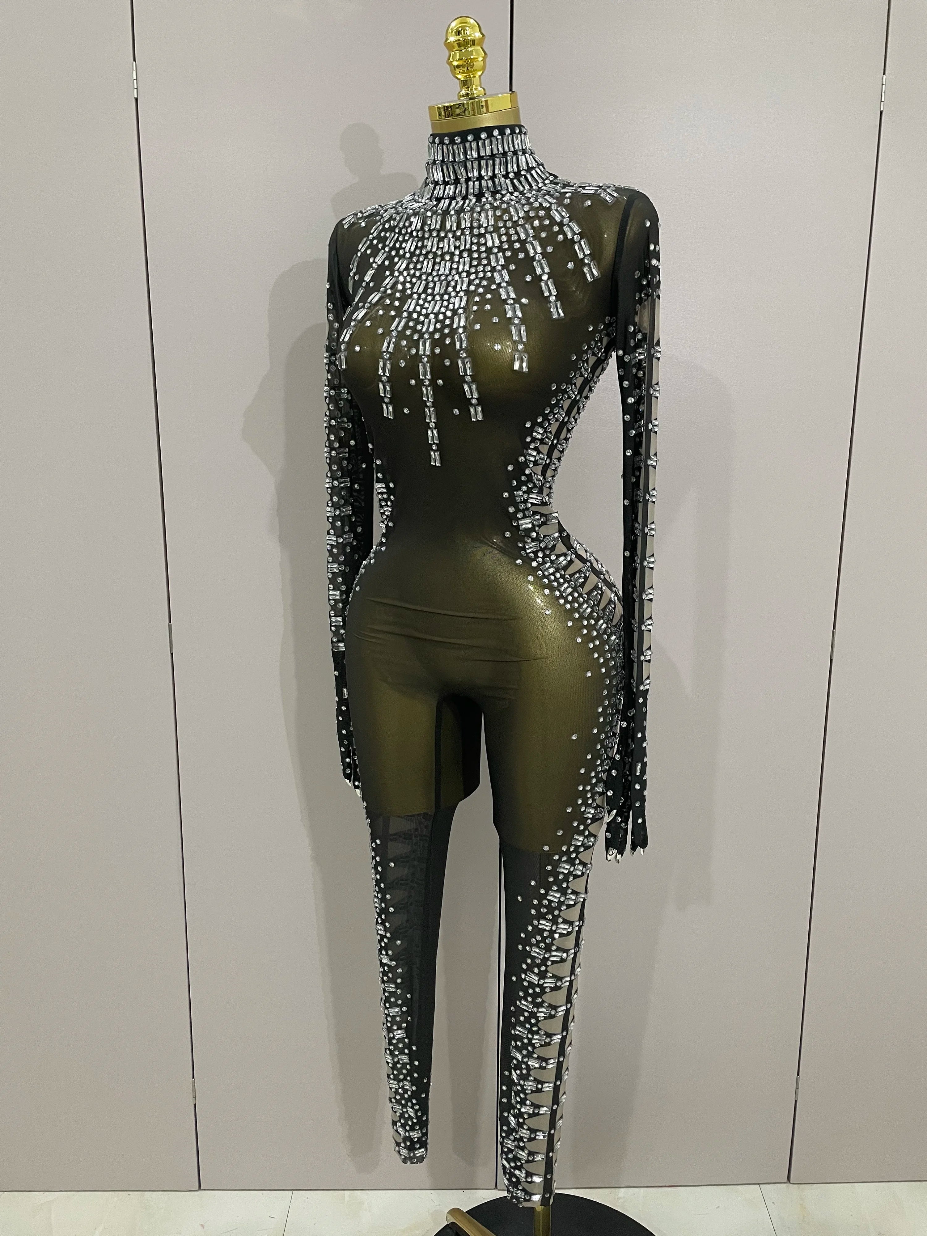 Sexy Sparkly Crystals Black Mesh Jumpsuit With Gloves 2025 Women Celebrate Birthday Party NightClub Singer Dance Stage Costumes