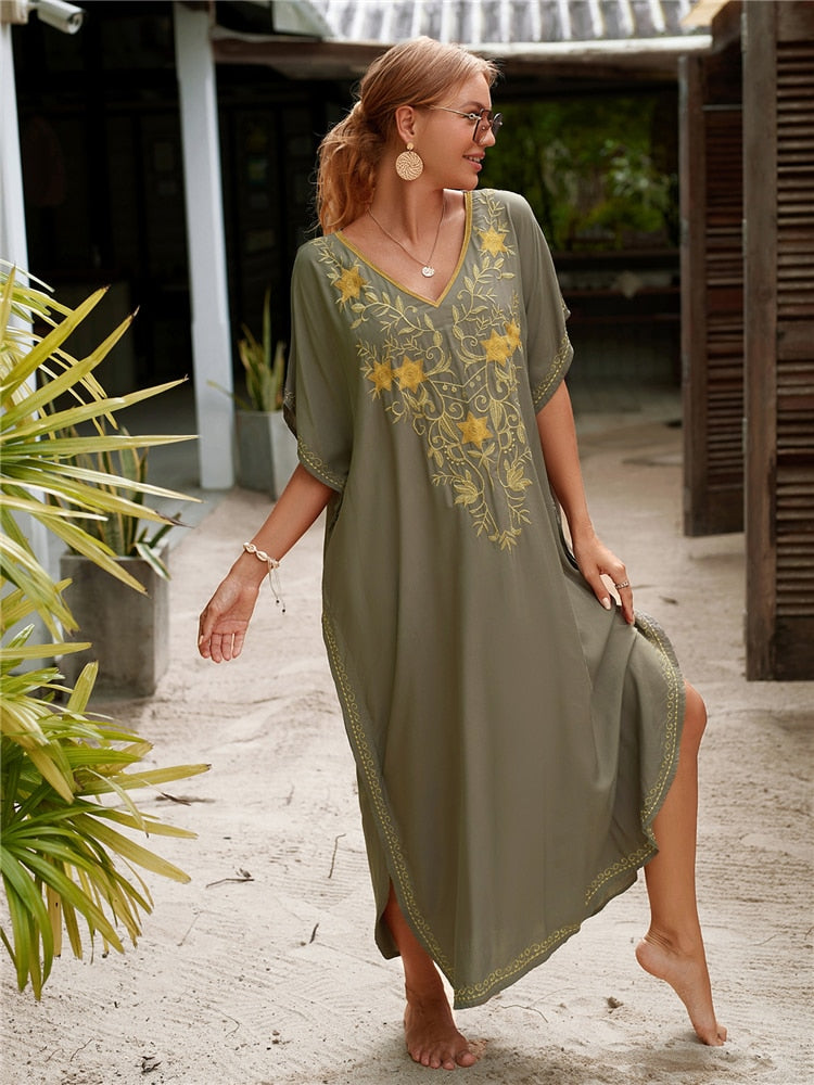 Vintage Embroidery Kaftan Sexy V-neck Batwing Sleeve High Waist Maxi Dress Tunic Women Clothing Summer Beach Dresses Q660