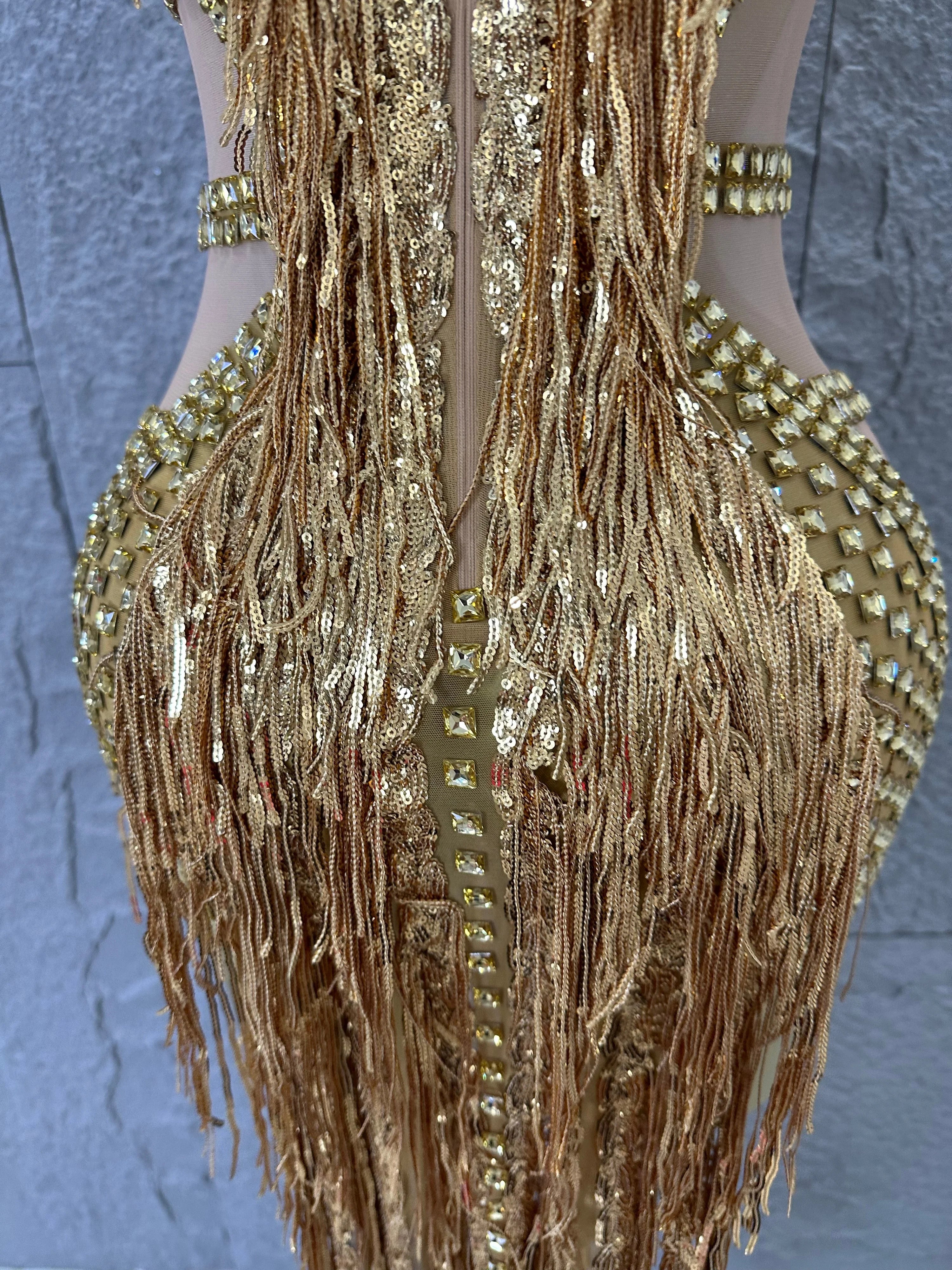 Opulent Gold Halter Neck Mini Dress Women Sexy Crystal Embellished Fringe Trim Form-Fitting Outfit Formal Event Party Costume