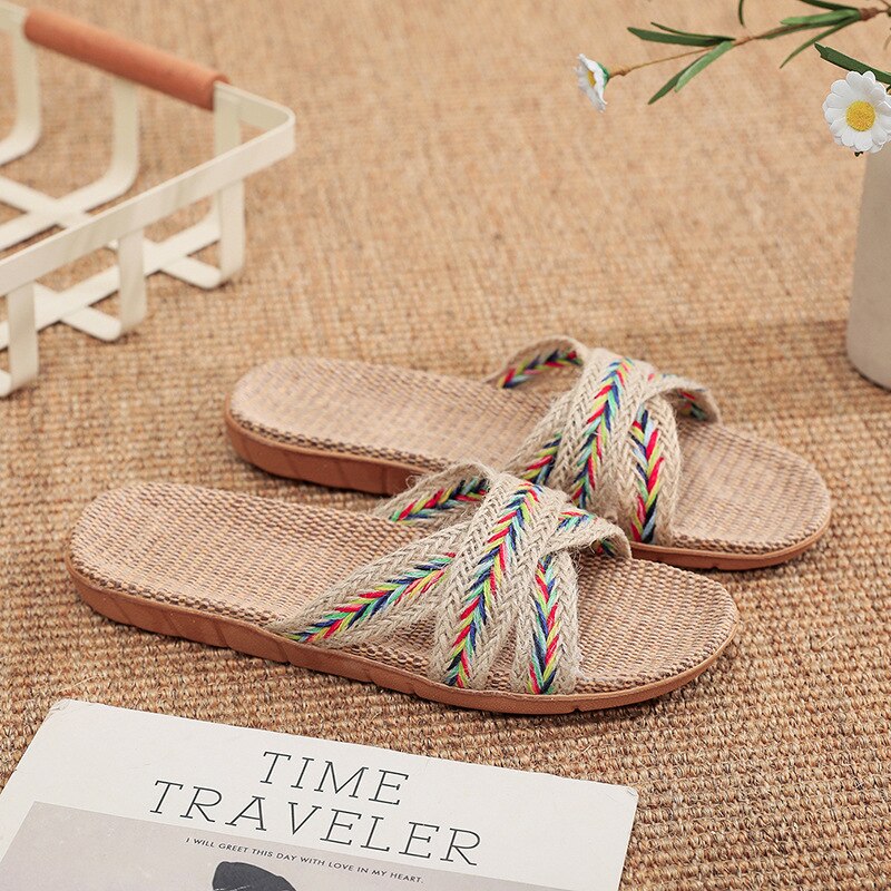 Summer Natural Flax Slippers 2022 Women Sandals Comfortable Non-slip Ladies Home Cross-tied Casual Indoor Shoes Multicolor HuaseJiaocha