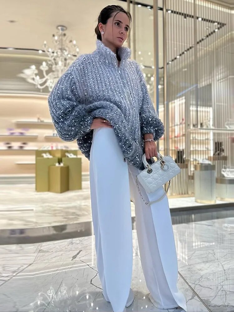 Sequin Knitted Women's Sweater Autumn Bishop Sleeve Zippers Loose Casual Sweaters Female 2024 Lady Stand Collar Outerwear