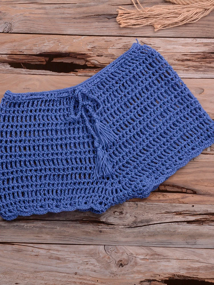 Crochet Hollow Out Tassel Beach Cover Up Sexy Women Mini Tops Beachwear Bikini Swimwear Bathing Suit Cover Up Blue Bottom One Size