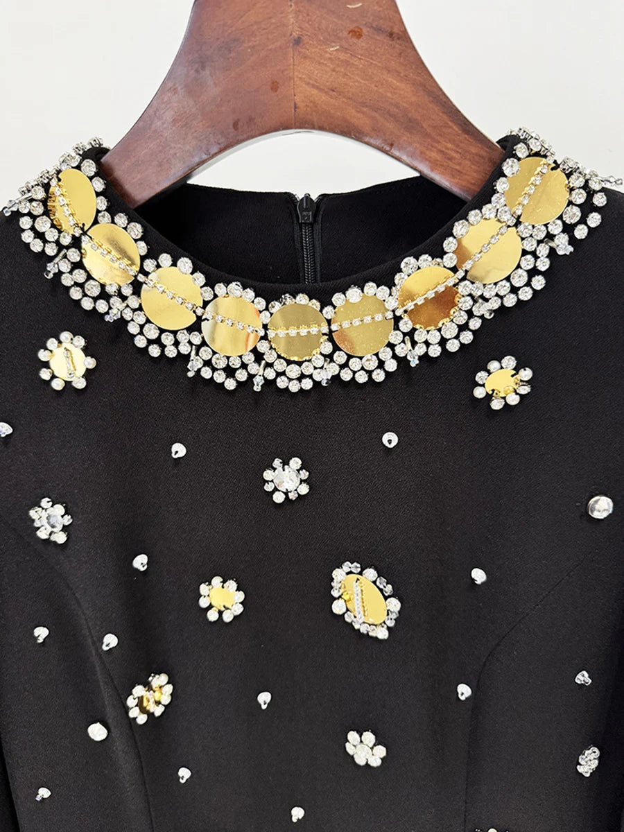 Hit Color Spliced Bead Luxurious Dresses for Women Round Neck Long Sleeve Patchwork Wave Point Elegant Dress Female