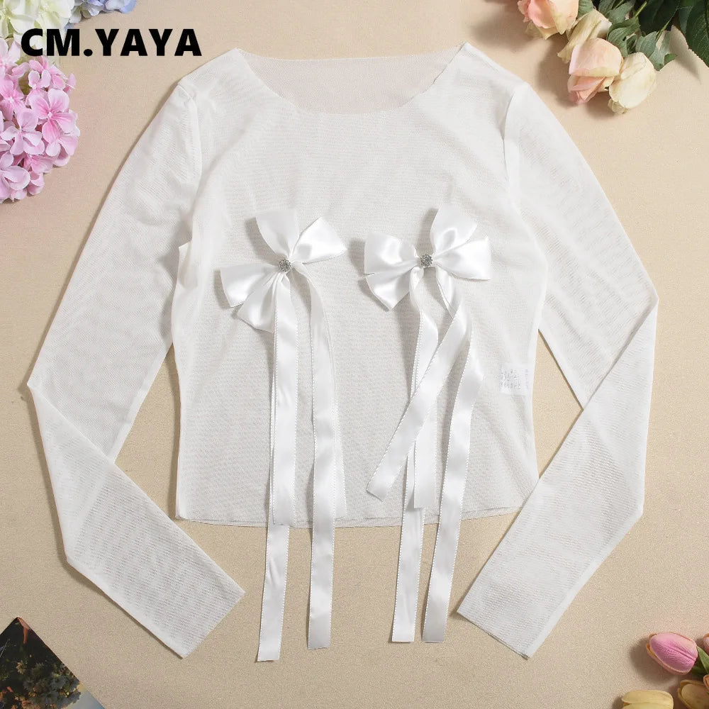 Women's Set Bow O-Neck Mesh Long Sleeve Tops + Velvet Shorts Suits Streetwear Sexy Two 2 Piece Outfits Tracksuits Summer