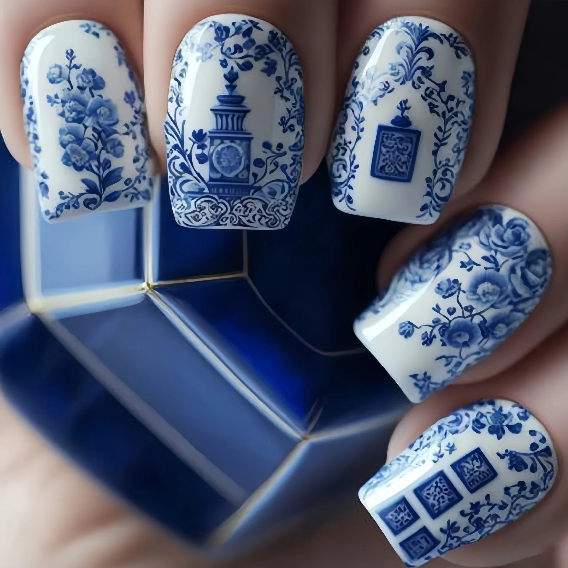 24Pcs/set Mid-length Blue Press on Nail French Square False Nails Art Flower Decoration Wearable Finished Fashion Manicure Tools 5