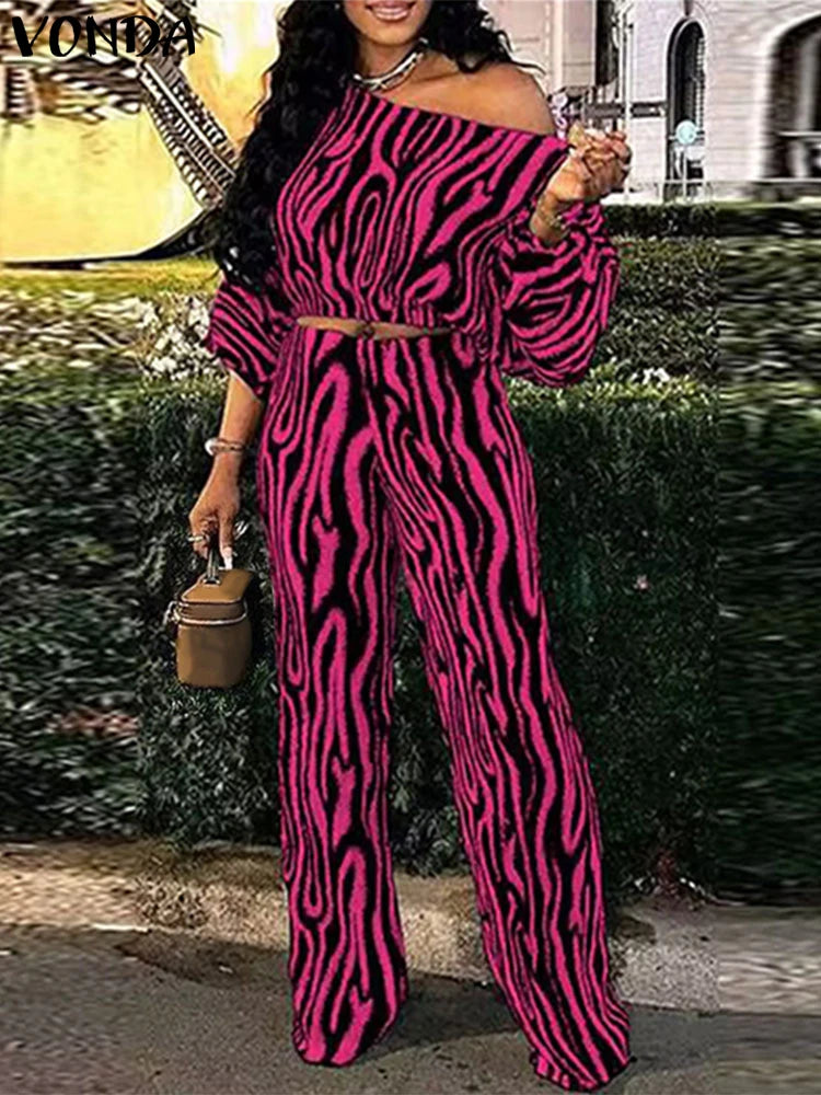 Plus Size VONDA Women Pant Sets Zebra-stripe Bohemian Printed 2PCS Long Sleeve Skew Collar Top and High Waist Pants Casual Sets Dark Pink