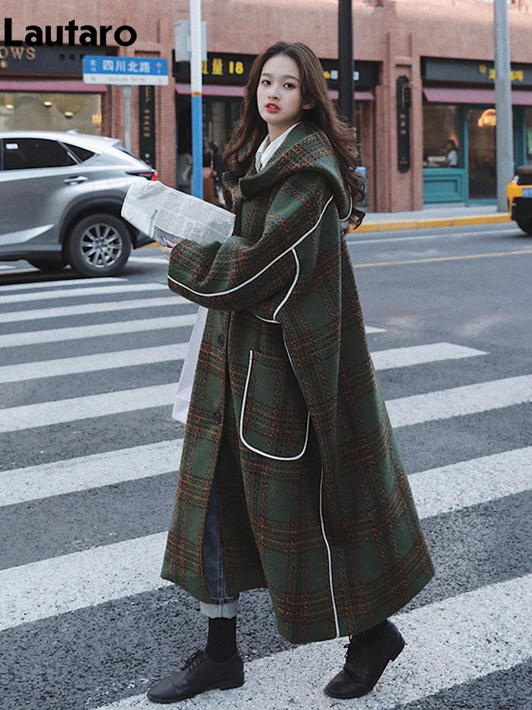 Autumn Winter Long Oversized Warm White Patchwork Plaid Wool Blends Trench Coats Women with Hood Runway Korean Fashion