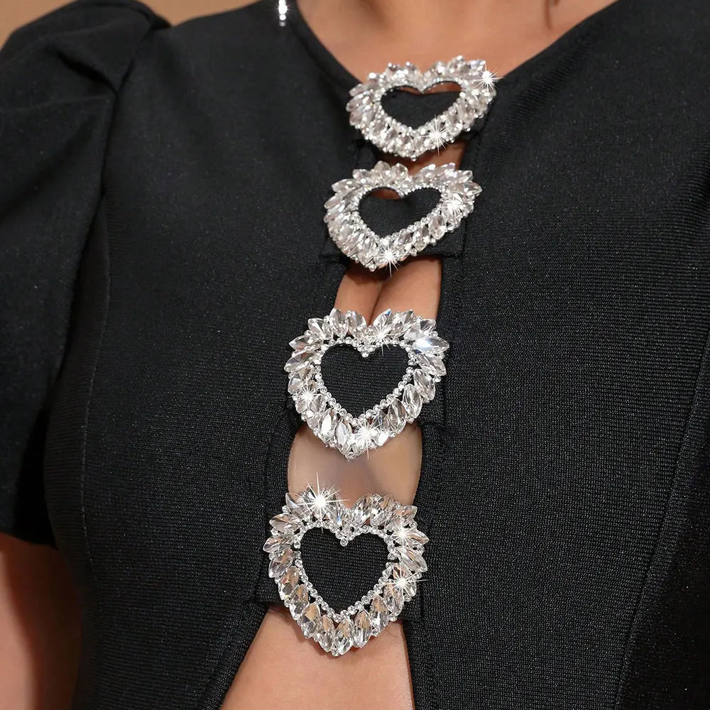 2025 Sexy Women Three-Dimensional Heart-Shaped Design Hollow Bandage Dress O-Neck Short Sleeved Bodycon Black Long Dress Vestido