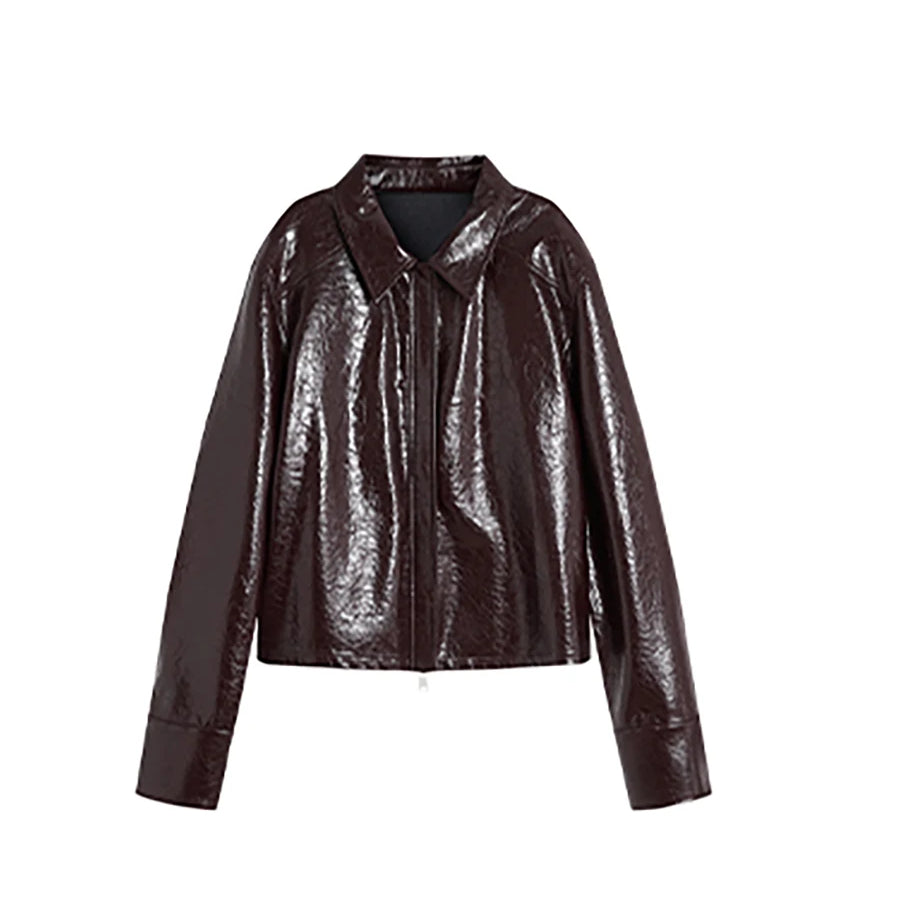 Lautaro Spring Autumn Short Pu Leather Jacket Women Zippper Turn-Down Collar High Quality Luxury Designer American Retro Clothes