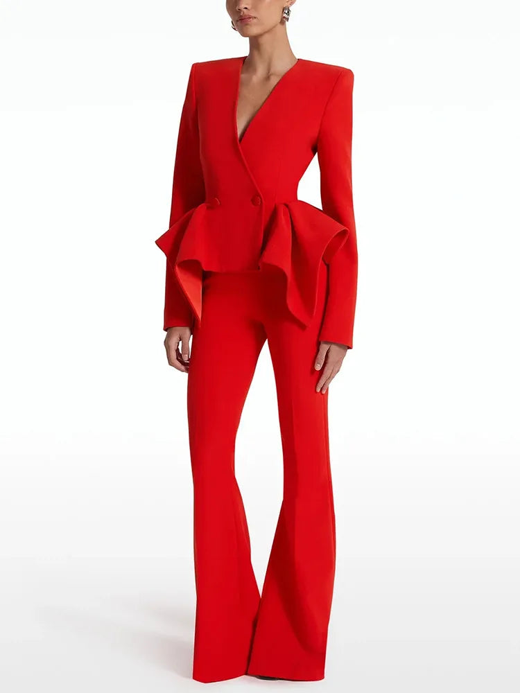 2025 New Red Color Women Long Sleeve Ruffles V-Neck Fashion Women's Set Elegant Evening Party Office Lady Wear Top Quality Red