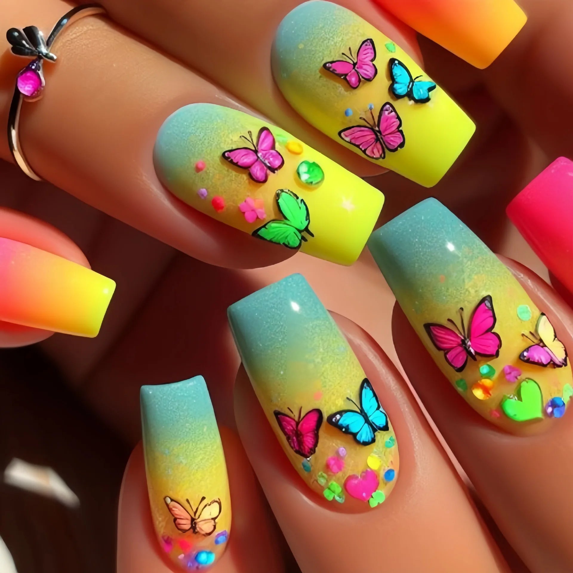 24pcs/set medium long fake nails for Spring summer season beautiful peach flowers butterfly design press on false nail art tips 1828