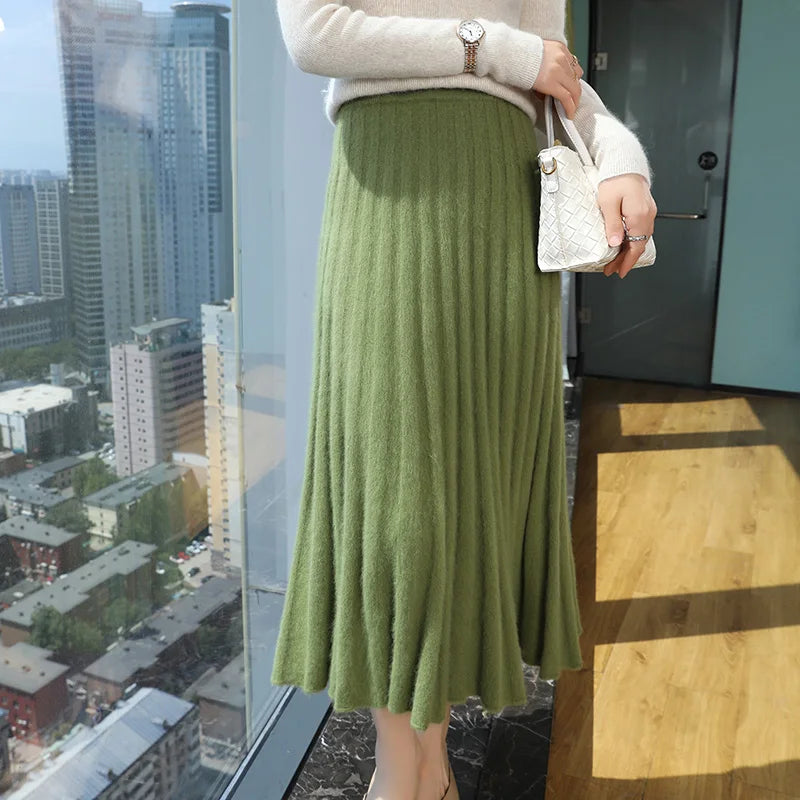 Autumn And Winter Fashion Mink Cashmere Mid Length High Waist Skirt For Women, Knitted Umbrella Skirt, Fashionable Pleated Skirt Grass green