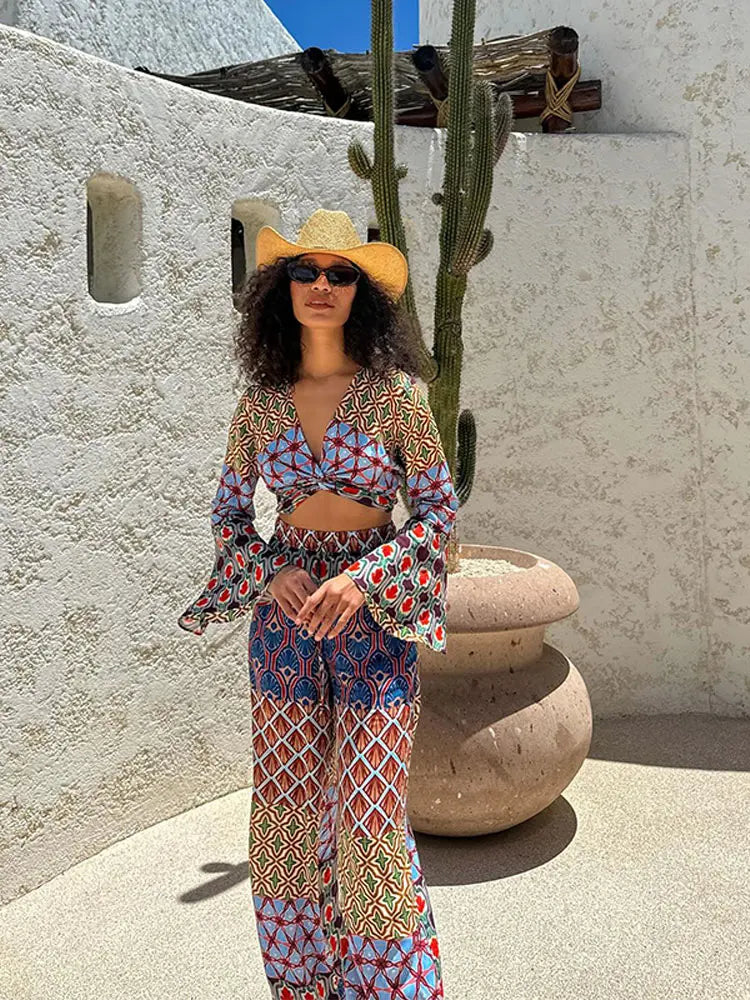Fashion Vintage Print Long Flare Sleeve Top Wide Leg Pants Suit Elegant Women V Neck Crop Tops Elastic Waist Trousers Set Outfit
