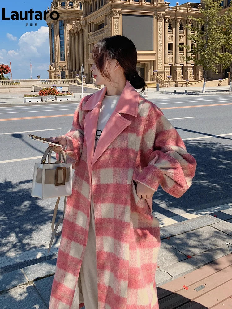 Lautaro Autumn Winter Long Oversized Warm Soft Thick Colorful Woolen Coat Women Sashes Loose Casual Korean Fashion Overcoat 2025