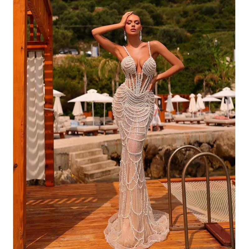 2025 Luxury Pearl Beading Haute Couture Sexy V-Neck Floor Length Dress Woman Birthday Party Dress Wedding Party Goddess Vestido