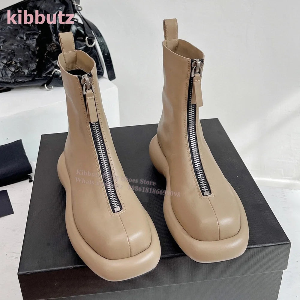 Thick Bottom Front Zipper Ankle Boots Height Increasing Round Toe Solid Genuine Leather Fashion Elegant British Style Women Shoe nude