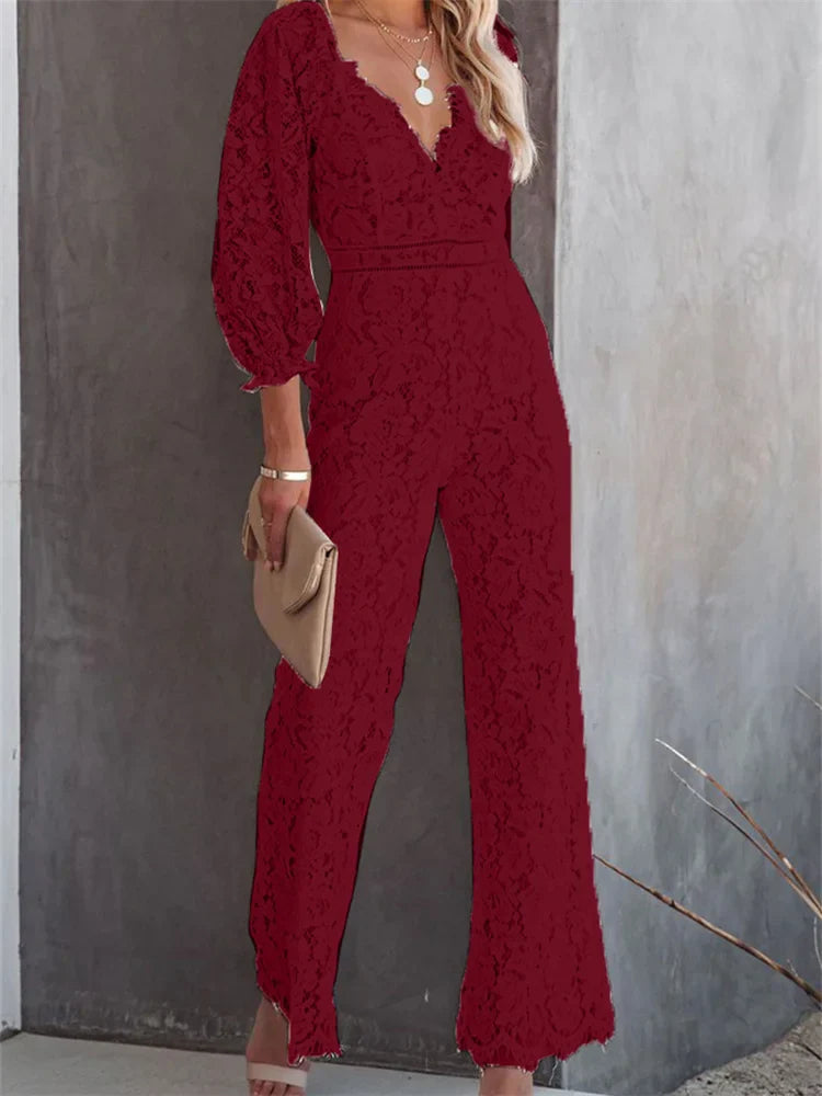 CHRONSTYLE Elegant Women Lace Wide Leg Pants Jumpsuits Solid Color Long Sleeve High Waist V Neck Floral Rompers Streetwear 2023