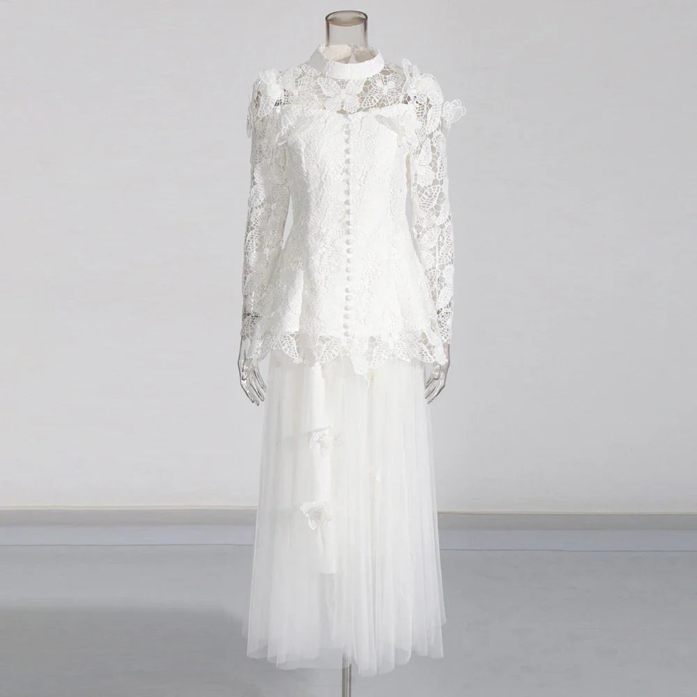 Solid Two Piece Sets for Women Stand Collar Long Sleeve Spliced Applique Top High Wasit Patchwork Mesh Skirt Female