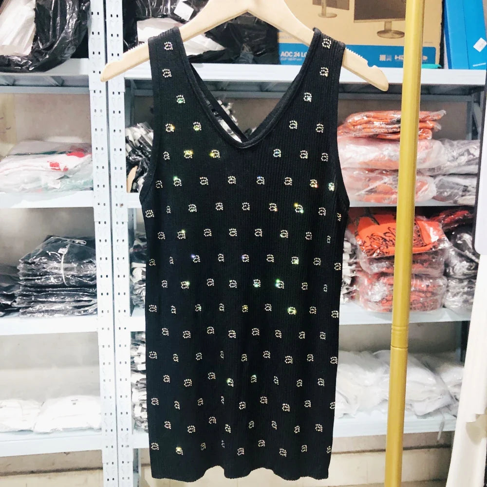 Summer High Elasticity Diamond A Letter AW Wang Tanks Camis Top For Women Y2k 2000s Corset Top Coquette Sexys Clothes a letter top black One Size