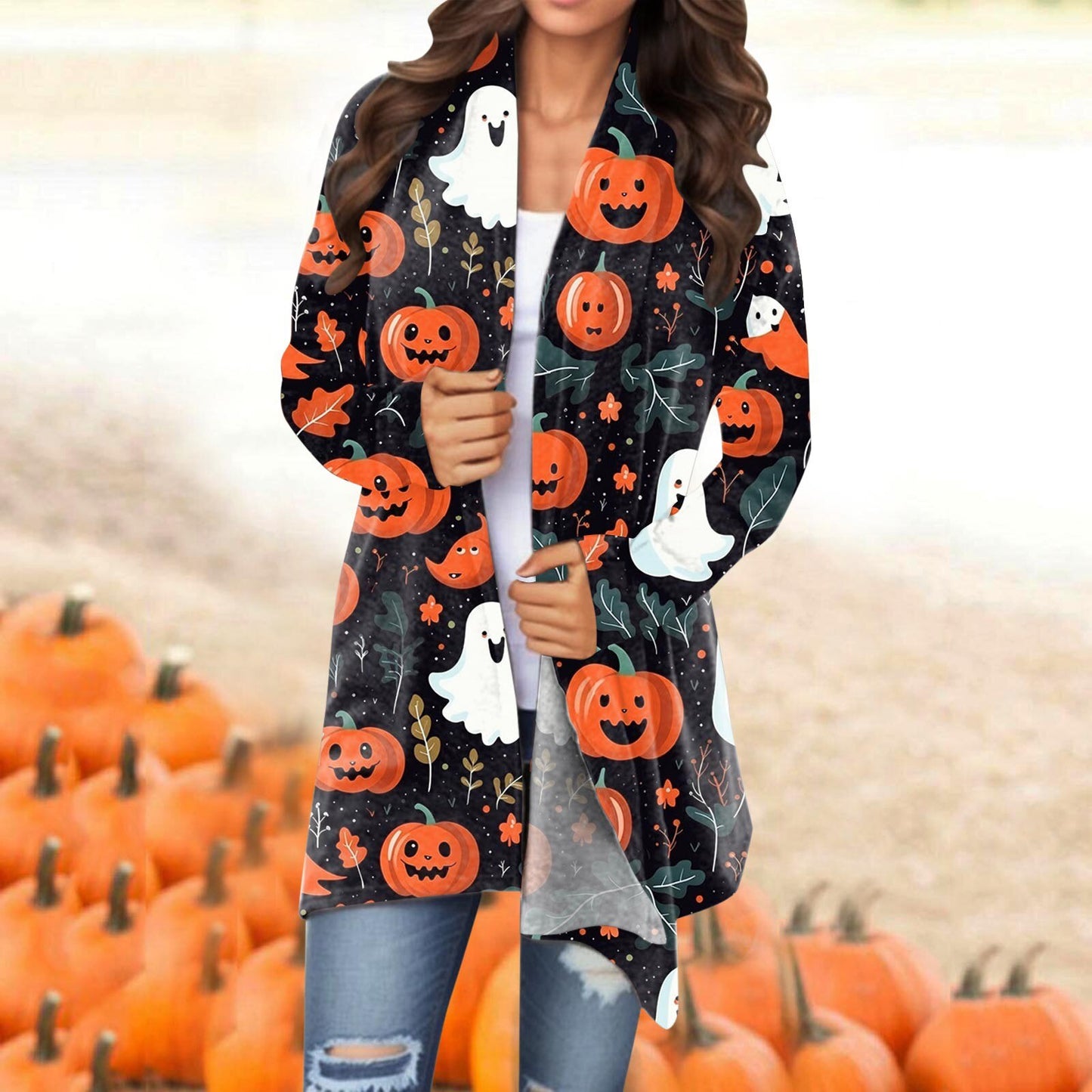 Women Halloween Cardigan Coat Fashionable Pumpkin Animal Cat Vat Printing Jacket Long Sleeve Coat Female Autumn Winter Clothes