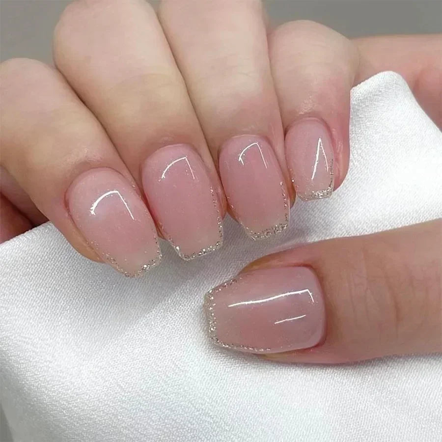 24Pcs Medium Short Square False Nails Glittering Nail Art White Wearable Fake Nail Silver French Full Cover Press on Nail Tips 17