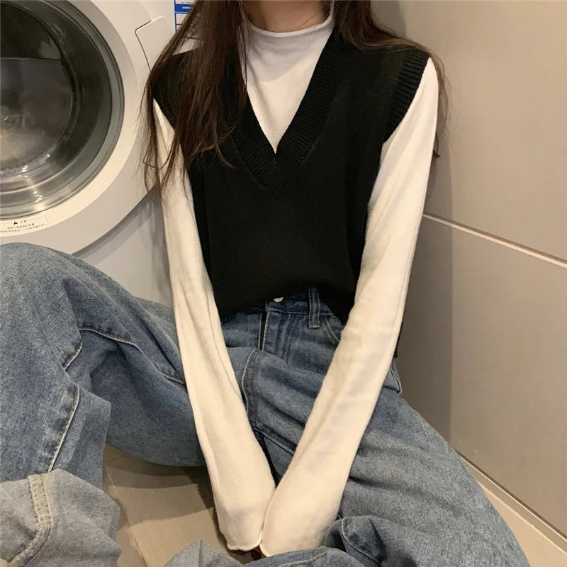 Women Knitted Sweater Vest Spring Autumn Short Loose Vintage Sweater Sleeveless Girls V-Neck Pullover Tops Female Outerwear black One Size