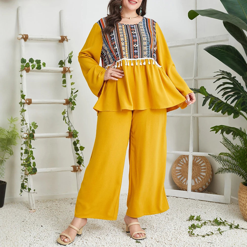 Plus Size Rafiah Women's Summer Sets Graphic Print Tassel Long Flare Sleeve Round-Neck T-Shirt Wide Leg Pant Casual Sets