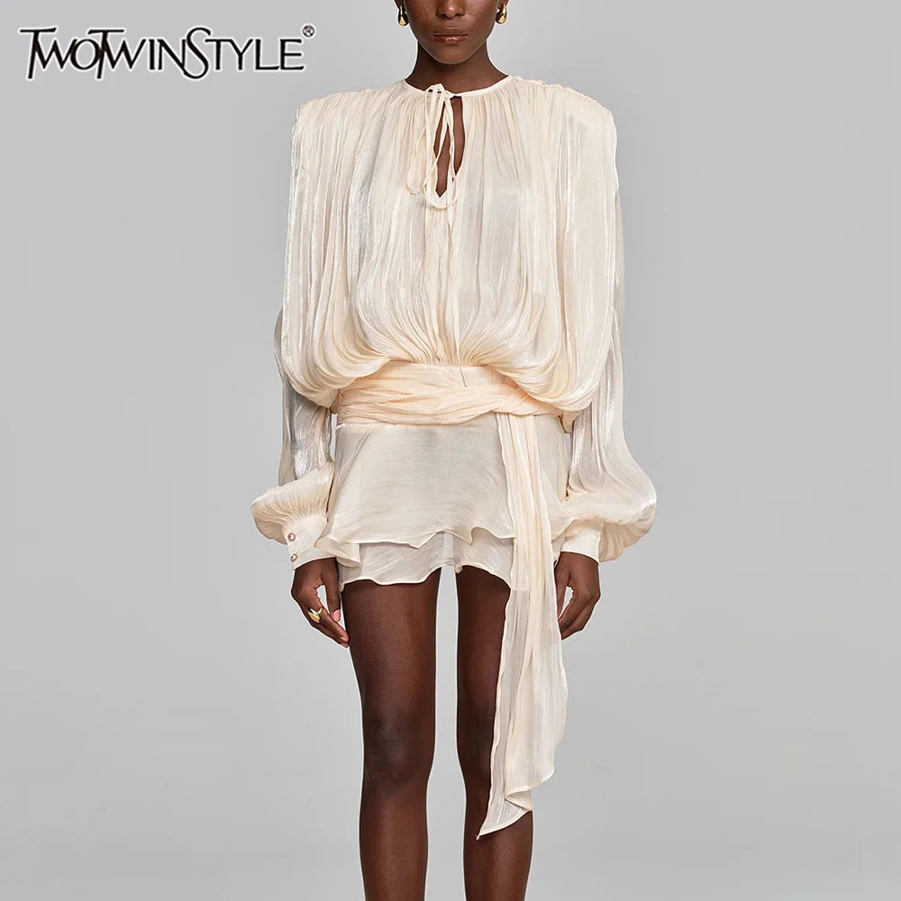 Solid Loose Spliced Lace Up Elegant Dresses for Women Round Neck Long Sleeves Patchwork Folds Dress Female Style