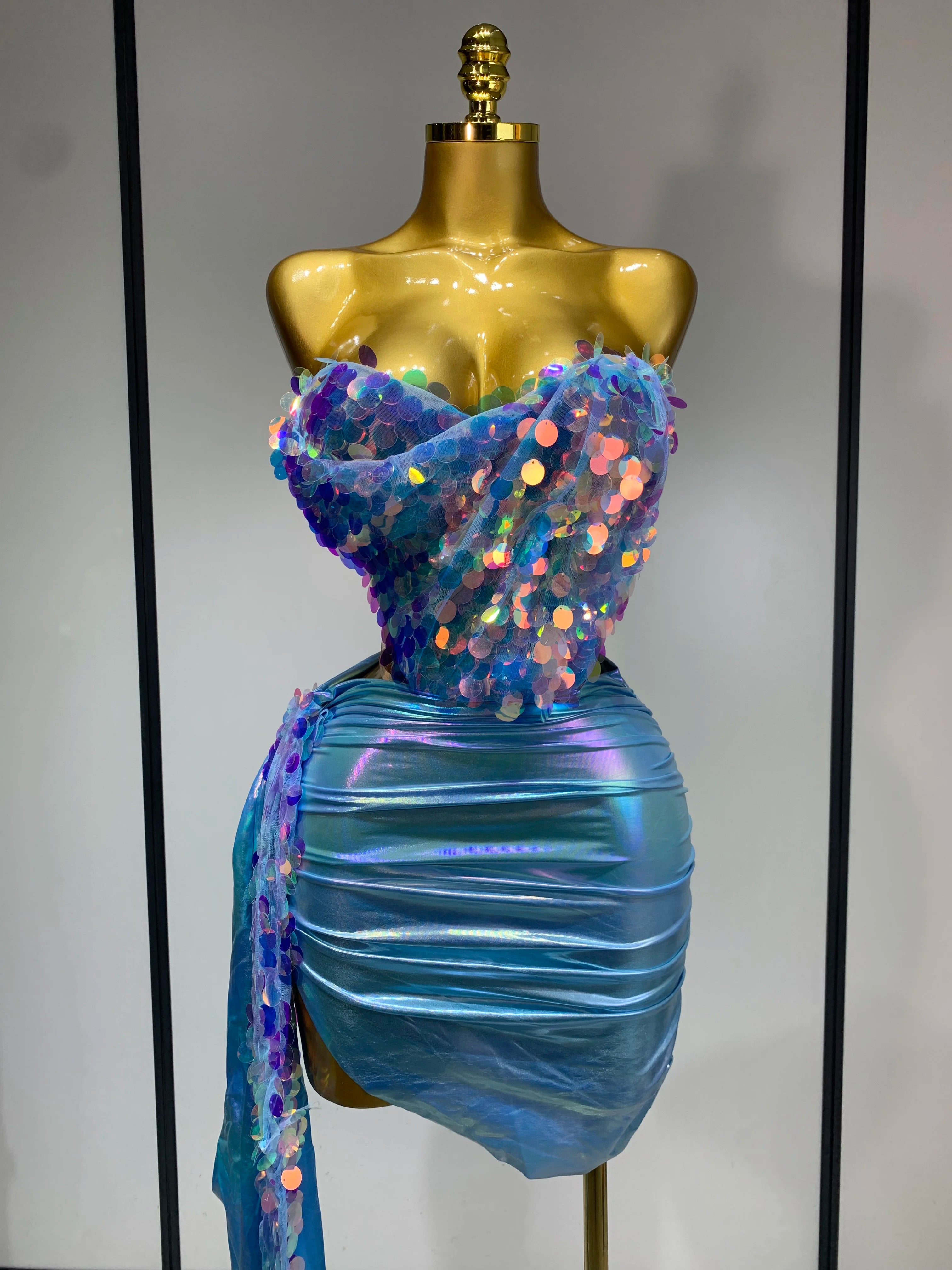 Women Sexy Singer Dancer Performan Costume Nightclub Bar Girl Sparkly Sequins Two Piece Set Evening Party Luxury Birthday Outfit SKY BLUE