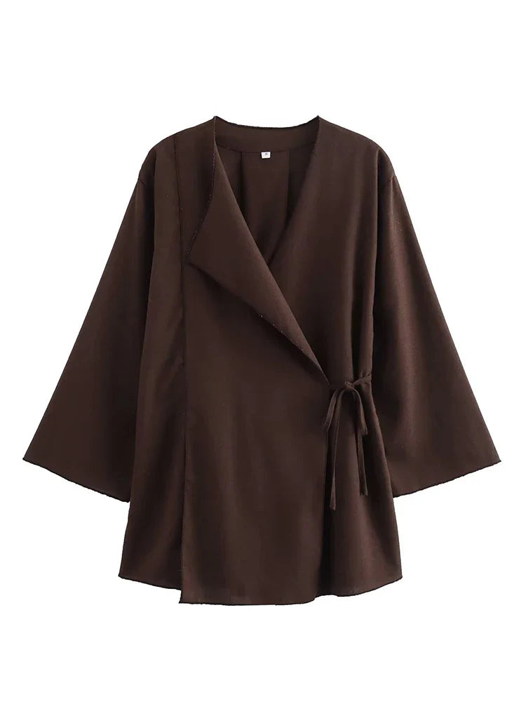 TRAF Fashion Linen 2 Pieces Women 2024 Spring Summer Kimono Style Loose Lace Up Shirts Tops Women's Wide Leg Pants Sets