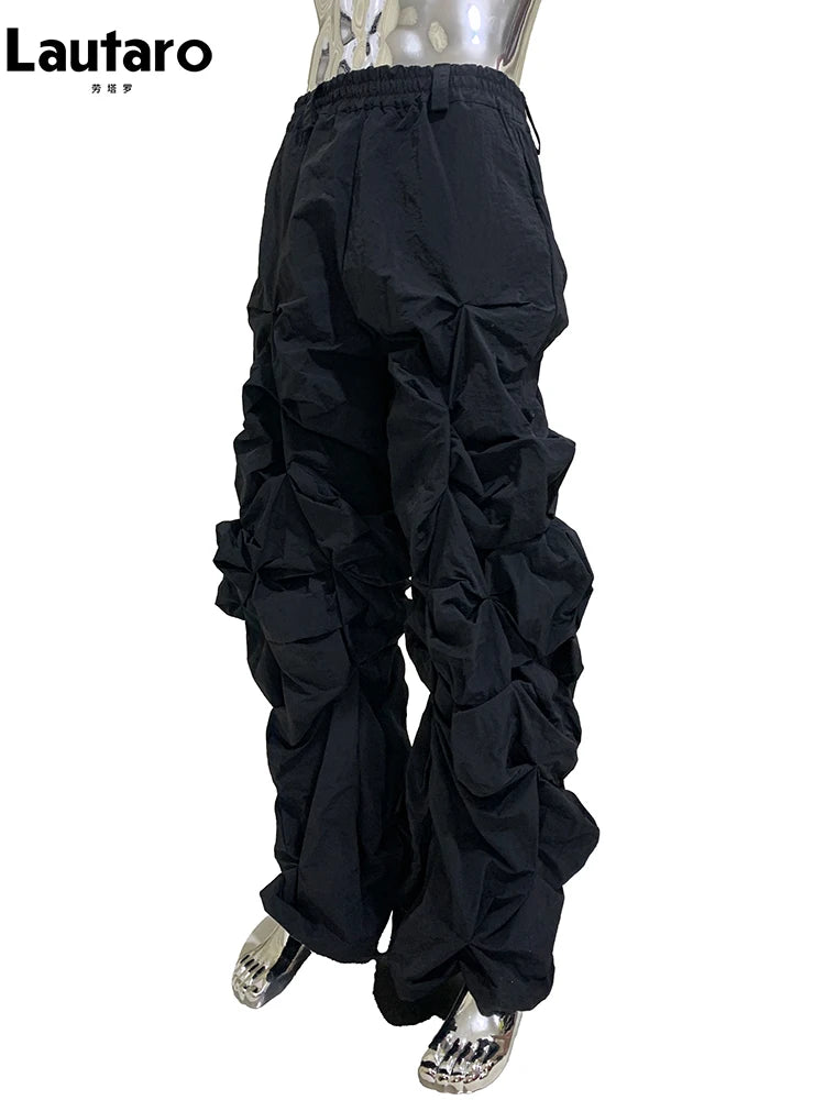 Lautaro Autumn Long Black Waterproof Stacked Pants for Mens with High Elastic Waist Luxury Designer European Fashion Clothing