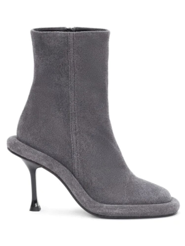 Spring and Autumn Women's New Slender High Heel Denim Short Boots Round Head Side Zipper Fashion Brand Women's Boots 296 Grey