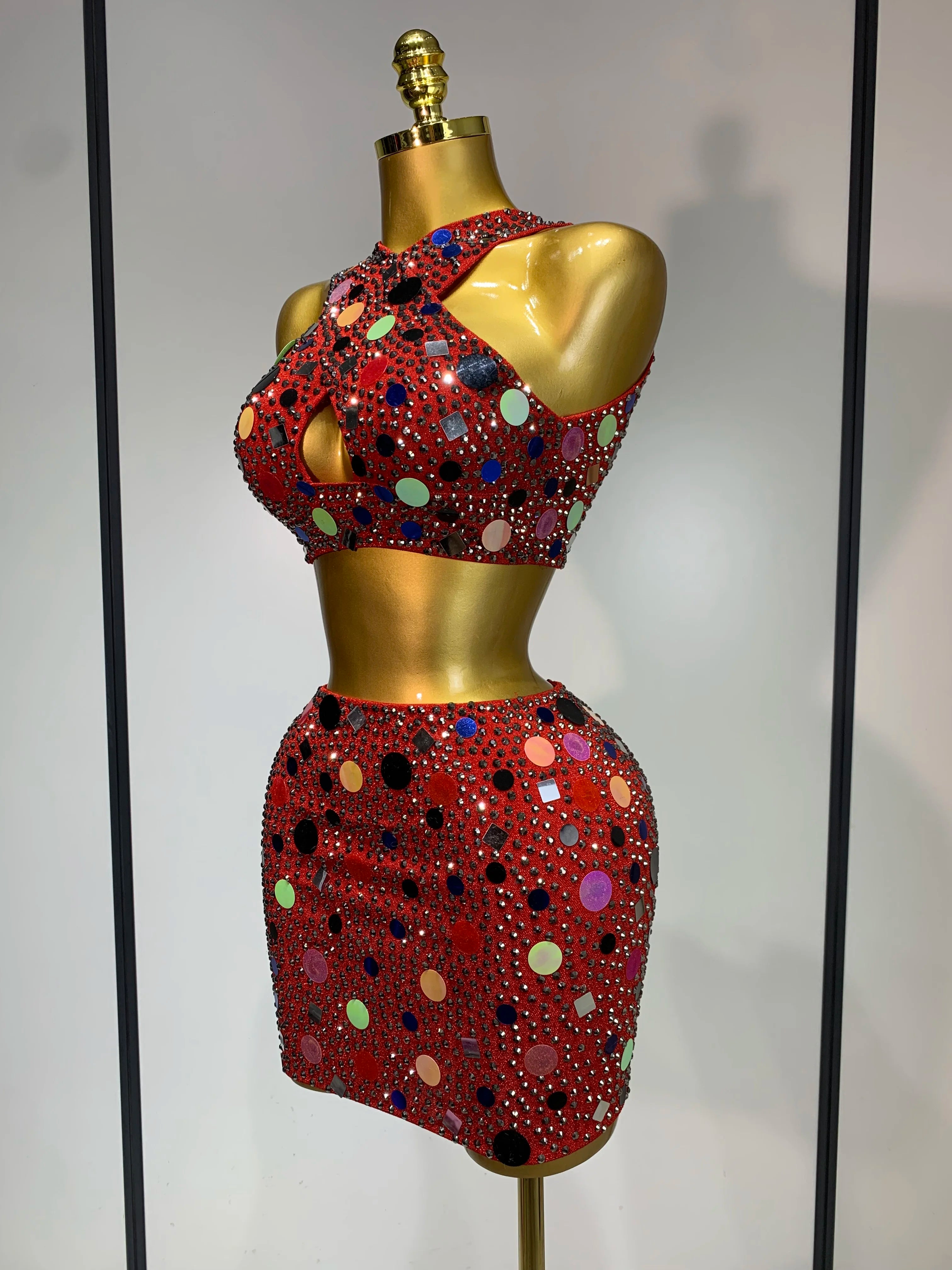 Luxury Rhinestone Sequin Sexy Two Piece Set 2025 New Fashion Nightclub Sparkly Perform Stage Costume Birthday Dress